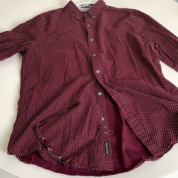 Denim & Flower Burgundy with White dots long sleeve Button Down- Large - Picture 4 of 13
